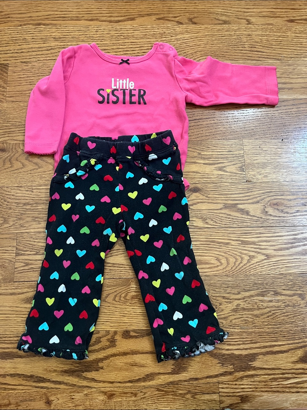 Carter's Pink 'Little Sister' Top with Black Multicolor Heart Pants